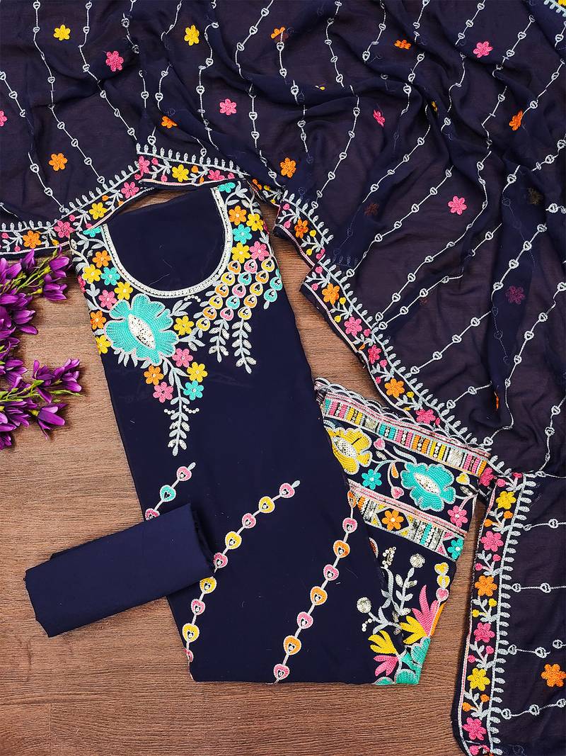 Navy Blue Georgette Sequin & Floral Pattern Multicolor Thread Work Kurta Bottom Dupatta Set Dress Material
