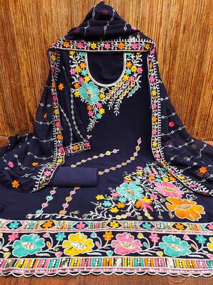 Navy Blue Georgette Sequin & Floral Pattern Multicolor Thread Work Kurta Bottom Dupatta Set Dress Material 3
