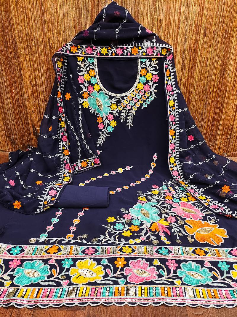 Navy Blue Georgette Sequin & Floral Pattern Multicolor Thread Work Kurta Bottom Dupatta Set Dress Material