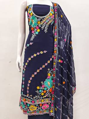 Navy Blue Georgette Sequin & Floral Pattern Multicolor Thread Work Kurta Bottom Dupatta Set Dress Material 4