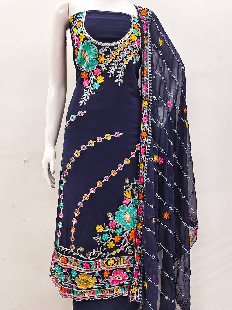 Navy Blue Georgette Sequin & Floral Pattern Multicolor Thread Work Kurta Bottom Dupatta Set Dress Material