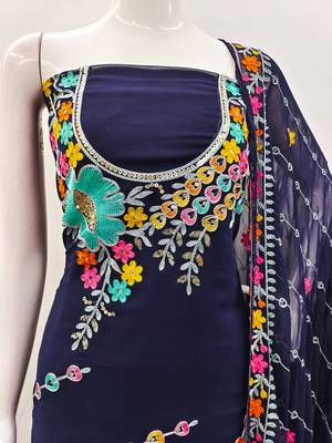 Navy Blue Georgette Sequin & Floral Pattern Multicolor Thread Work Kurta Bottom Dupatta Set Dress Material 5