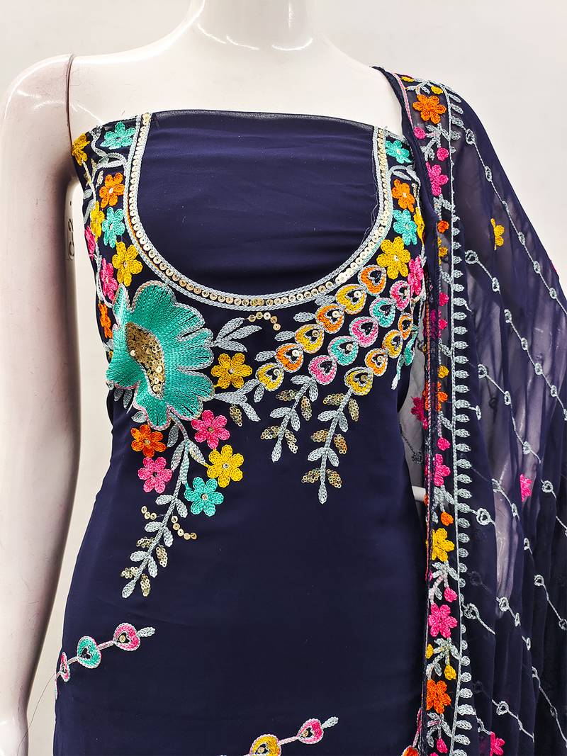 Navy Blue Georgette Sequin & Floral Pattern Multicolor Thread Work Kurta Bottom Dupatta Set Dress Material
