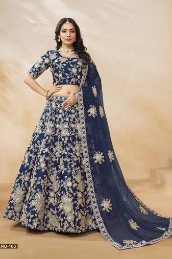 Navy Blue Embroidered Heavy Art Silk Designer Lehenga With Blouse