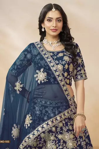Navy Blue Embroidered Heavy Art Silk Designer Lehenga With Blouse
