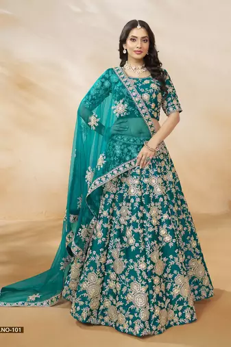 Teal Green Embroidered Heavy Art Silk Designer Lehenga With Blouse