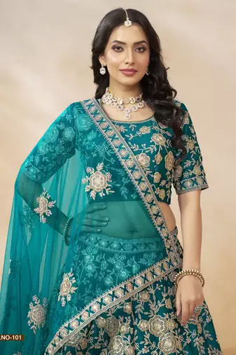 Teal Green Embroidered Heavy Art Silk Designer Lehenga With Blouse