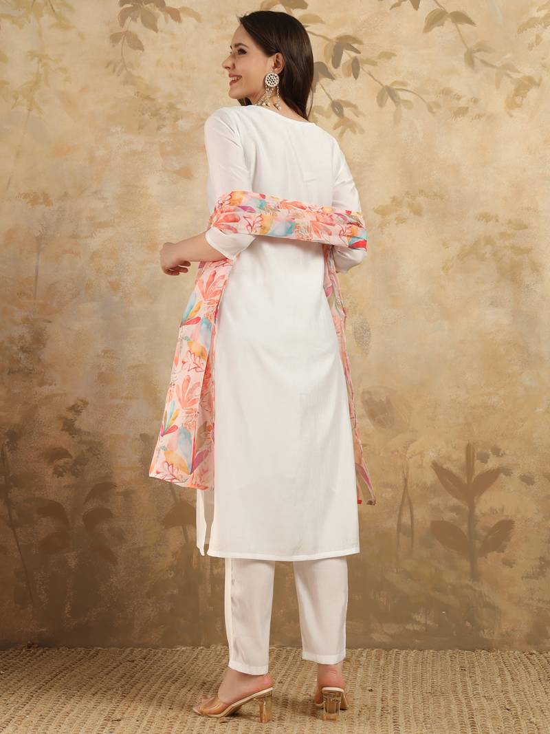 Women's Chanderi Embroidered Straight Kurta with Pant And Dupatta Set