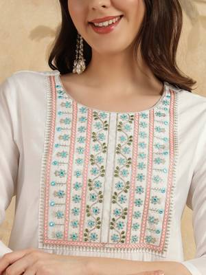 Women's Chanderi Embroidered Straight Kurta with Pant And Dupatta Set 4