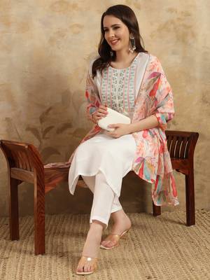 Women's Chanderi Embroidered Straight Kurta with Pant And Dupatta Set 5