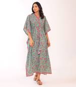 Sea green and pink cotton floral kaftan set