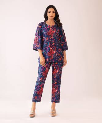Blue and pink muslin floral co-ord set 1
