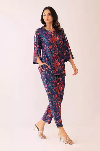 Blue and pink muslin floral co-ord set