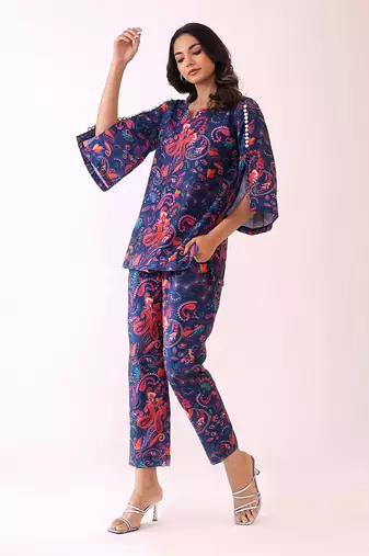 Blue and pink muslin floral co-ord set