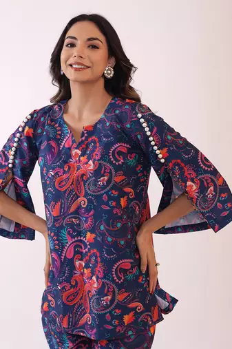 Blue and pink muslin floral co-ord set