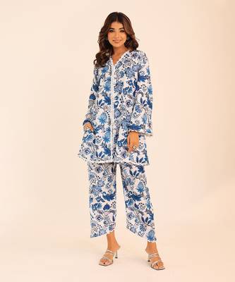 Blue and white muslin floral co-ord set 1