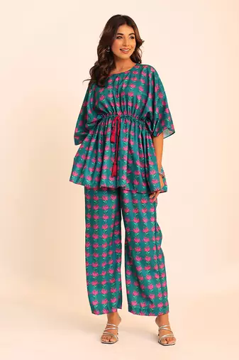 Blue and pink muslin geometric co-ord set