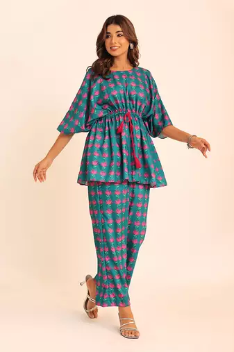 Blue and pink muslin geometric co-ord set