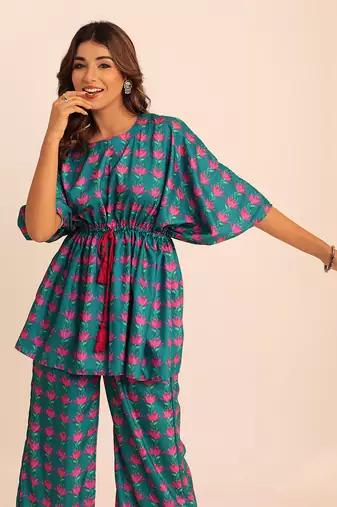Blue and pink muslin geometric co-ord set