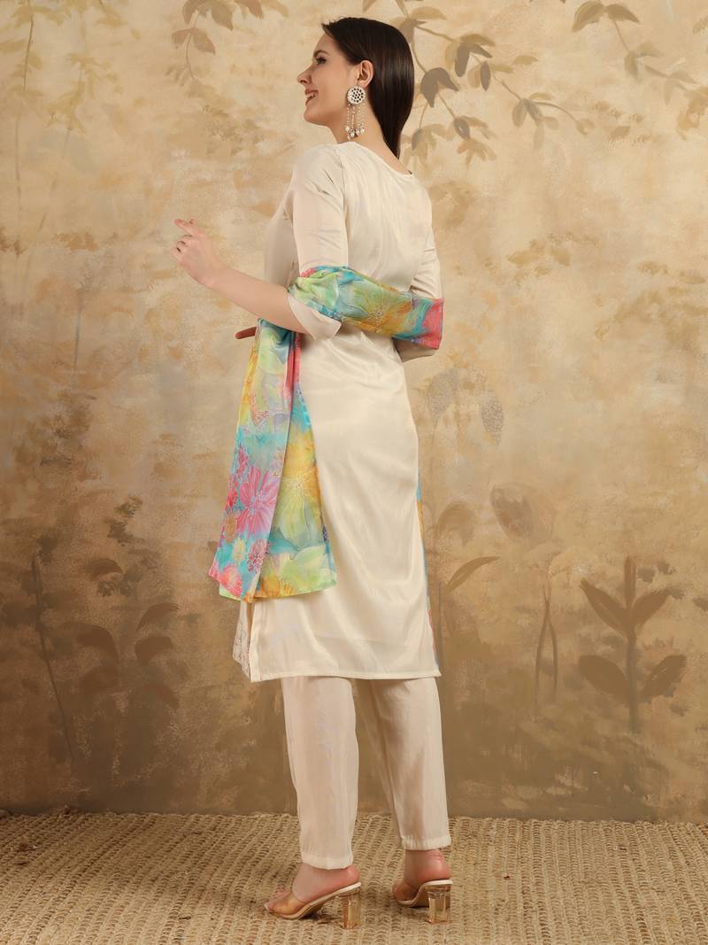 Women's Simar Embroidered Straight Kurta with Pant And Dupatta Set