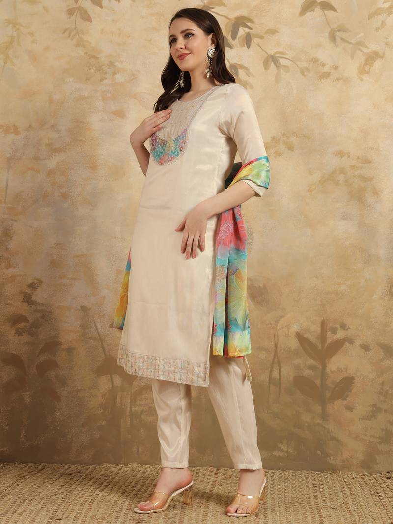 Women's Simar Embroidered Straight Kurta with Pant And Dupatta Set