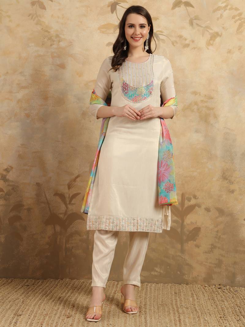 Women's Simar Embroidered Straight Kurta with Pant And Dupatta Set