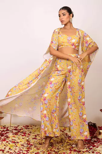 Yellow and multi fionna georgette floral co-ord set