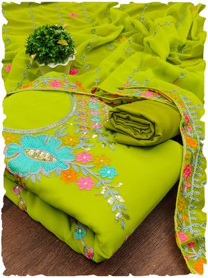 Light Green Georgette Sequin & Floral Pattern Multicolor Thread Work Kurta Bottom Dupatta Set Dress Material 1