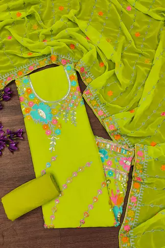 Light Green Georgette Sequin & Floral Pattern Multicolor Thread Work Kurta Bottom Dupatta Set Dress Material