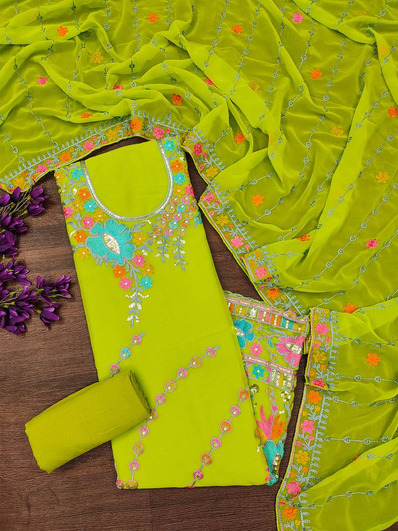Light Green Georgette Sequin & Floral Pattern Multicolor Thread Work Kurta Bottom Dupatta Set Dress Material