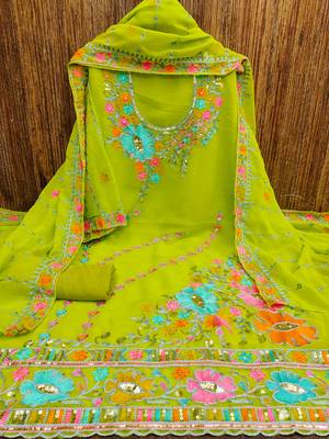 Light Green Georgette Sequin & Floral Pattern Multicolor Thread Work Kurta Bottom Dupatta Set Dress Material 3
