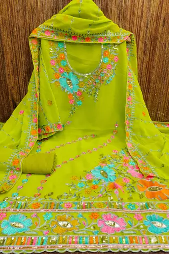 Light Green Georgette Sequin & Floral Pattern Multicolor Thread Work Kurta Bottom Dupatta Set Dress Material