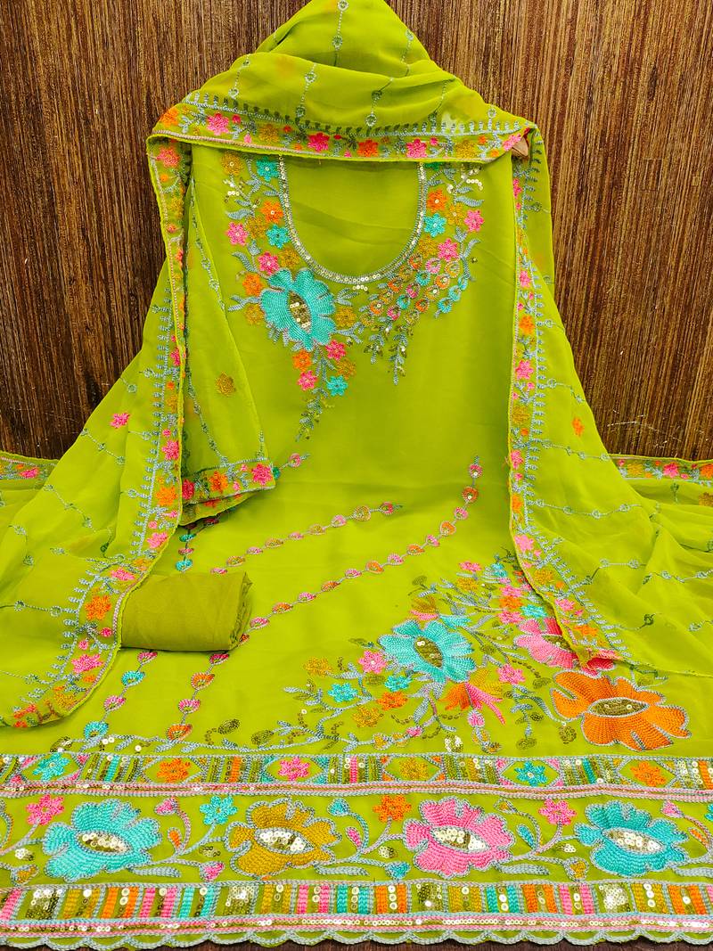 Light Green Georgette Sequin & Floral Pattern Multicolor Thread Work Kurta Bottom Dupatta Set Dress Material