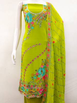 Light Green Georgette Sequin & Floral Pattern Multicolor Thread Work Kurta Bottom Dupatta Set Dress Material 4