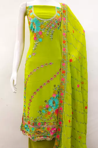 Light Green Georgette Sequin & Floral Pattern Multicolor Thread Work Kurta Bottom Dupatta Set Dress Material