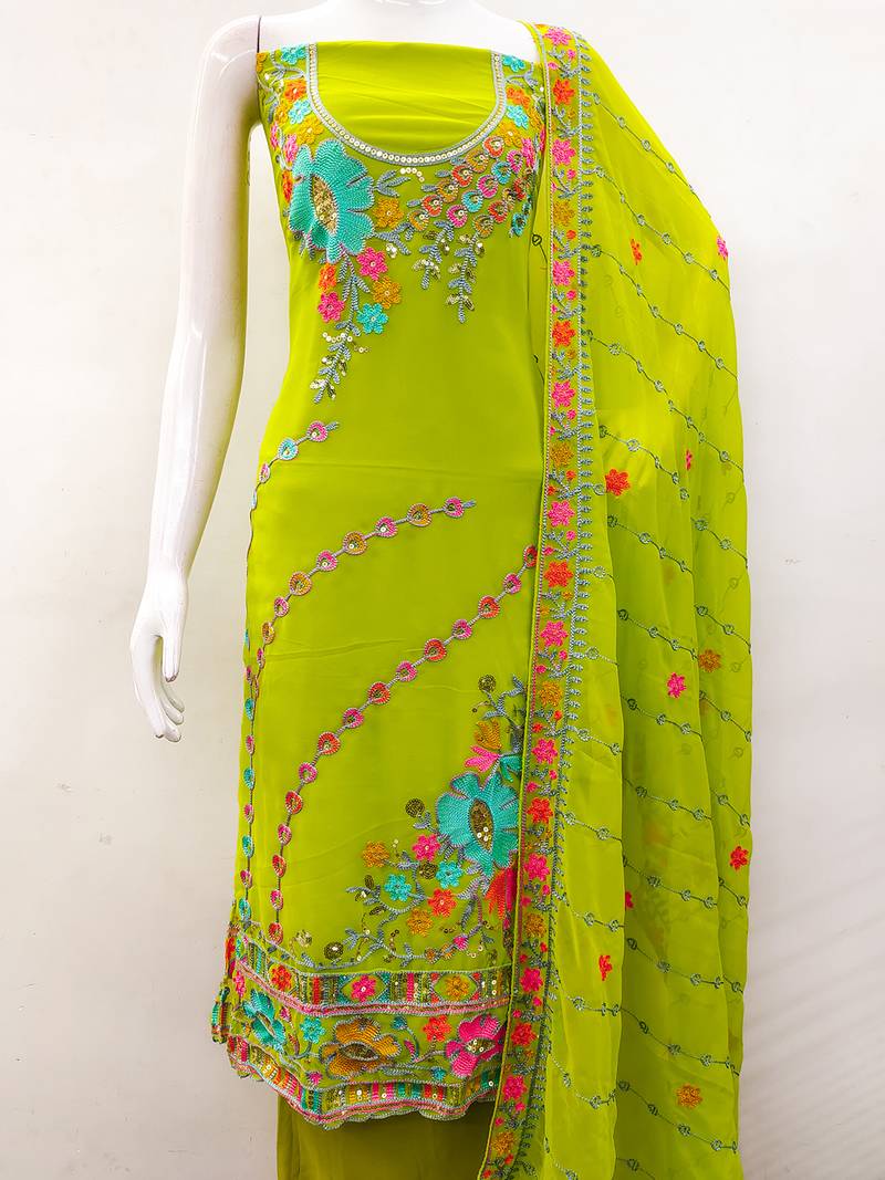 Light Green Georgette Sequin & Floral Pattern Multicolor Thread Work Kurta Bottom Dupatta Set Dress Material