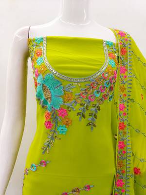 Light Green Georgette Sequin & Floral Pattern Multicolor Thread Work Kurta Bottom Dupatta Set Dress Material 5