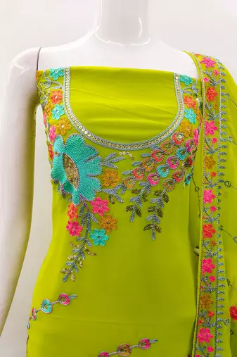 Light Green Georgette Sequin & Floral Pattern Multicolor Thread Work Kurta Bottom Dupatta Set Dress Material