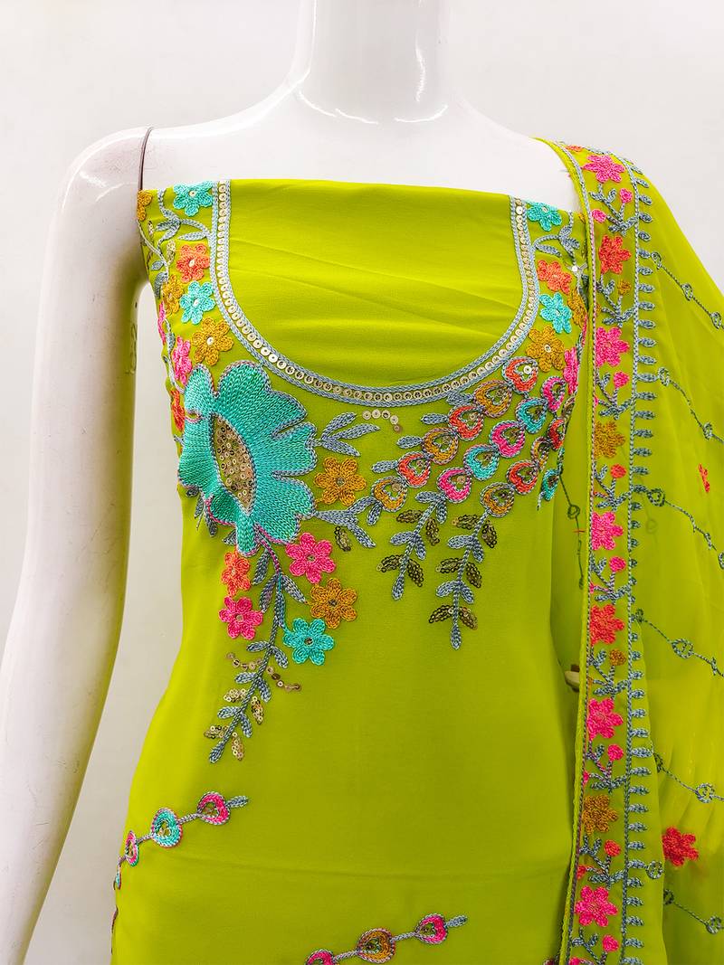 Light Green Georgette Sequin & Floral Pattern Multicolor Thread Work Kurta Bottom Dupatta Set Dress Material