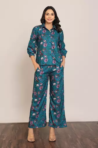 Teal green and multi fionna georgette floral co-ord set