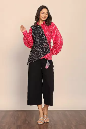 Pink and black cotton bandhej co-ord set