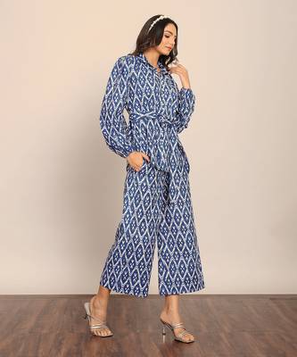 Blue and white cotton geometric co-ord set 3