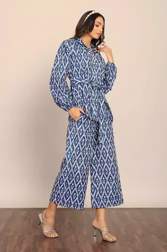 Blue and white cotton geometric co-ord set