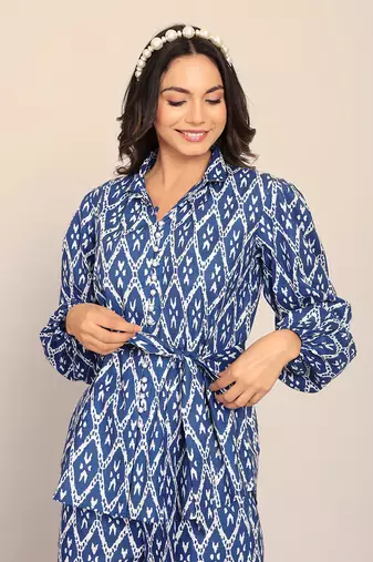 Blue and white cotton geometric co-ord set