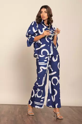 Blue and white fionna georgette geometric co-ord set
