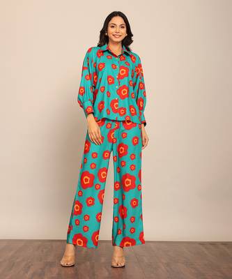 Sea green and red fionna georgette floral co-ord set 1