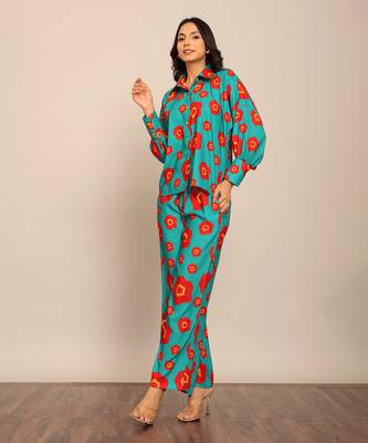 Sea green and red fionna georgette floral co-ord set 3