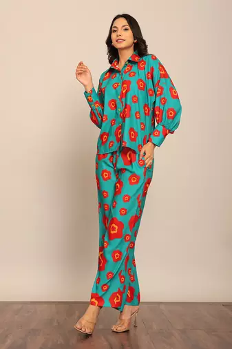 Sea green and red fionna georgette floral co-ord set