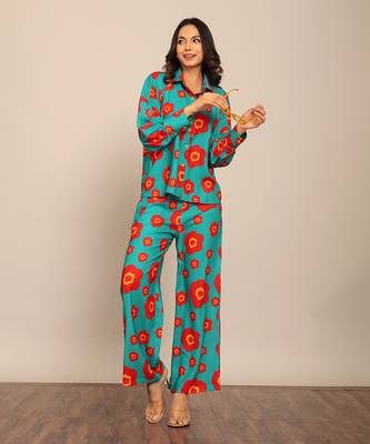 Sea green and red fionna georgette floral co-ord set 4