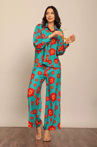 Sea green and red fionna georgette floral co-ord set